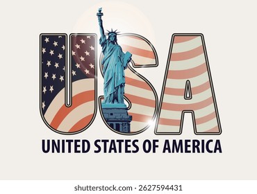 Vector banner with word USA, American flag inside the letters, New York Statue of Liberty on light background. Design for t-shirt, postcard, poster. No AI used