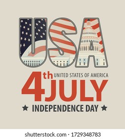 Vector banner with the words 4th july, Independence Day and the letters USA with the image of the Capitol building in Washington DC against the background of the American flag
