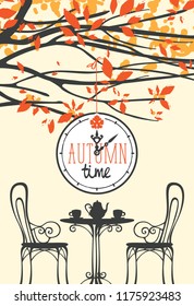 Vector banner with words Autumn time on clock in retro style. Landscape with table for two, chairs, two cups and a kettle under the autumn yellowed tree.