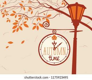 Vector banner with words Autumn time. Autumn landscape with trees in the park and a Clock on a lamp post