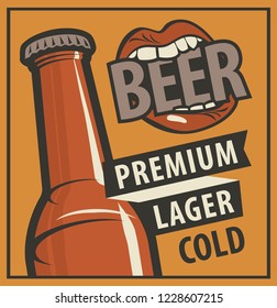 Vector banner with words Beer, premium, lager, cold. Flat illustration in retro style with bottle of beer and a mouth biting on the word Beer.