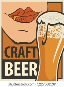 Vector banner with words Craft beer in retro style. Flat illustration with overflowing glass of frothy beer and mouth drinking beer