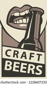 Vector banner for with words Craft beers. Flat illustration in retro style with the mouth opening a beer bottle with your teeth