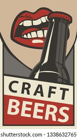 Vector banner for with words Craft beers. Flat illustration in retro style with the mouth opening a beer bottle with your teeth