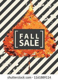 Vector banner with words Fall sale. Can be used for flyers, banners or posters. Vector illustration with yellowed autumn poplar leaf on the background with diagonal stripes in grunge style