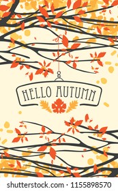 Vector banner with the words Hello autumn. Autumn illustration with autumn leaves on the branches of trees in a Park or forest