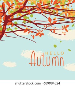 Vector banner with the words Hello autumn. Autumn landscape with autumn leaves on the branches of trees in a Park or forest on a background of blue sky with clouds