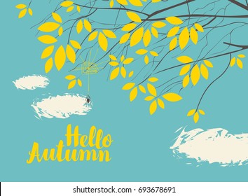 Vector banner with the words Hello autumn. Autumn landscape with autumn leaves on the branches of trees in a Park or forest on a background of blue sky with clouds
