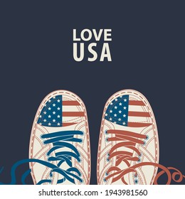 Vector banner with the words Love USA and white sneakers with different laces and elements of the American flag on a dark background. Suitable for flyer, banner, poster, price tag, label