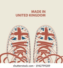 Vector banner with the words Made in United kingdom and white sneakers with elements of the British flag in grunge style on a light background. Suitable for flyer, banner, poster, price tag, label