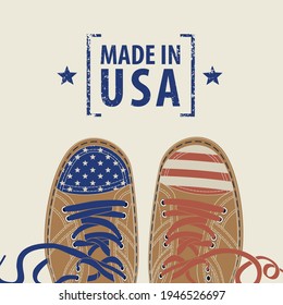 Vector Banner With The Words Made In USA And Brown Sneakers With Different Laces And Elements Of The American Flag On A Light Background. Suitable For Flyer, Banner, Poster, Price Tag, Label