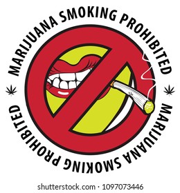Vector banner with words Marijuana smoking prohibited with crossed out human mouth with joint or cigarette in mouth. No smoking weed. Stop drug consumption. Prohibition sign. No cannabis