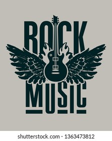 Vector banner with words Rock music, with electric guitar and wings on fire. Can be used for flyers, posters, t-shirt design, tattoo