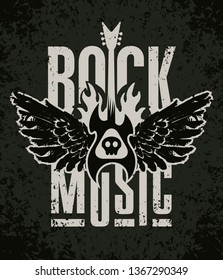 Vector banner with words Rock music, with electric guitar and wings on fire on the abstract black background. Can be used for flyers, posters, t-shirt design, tattoo