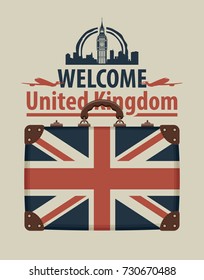 Vector banner with words Welcome to United Kingdom. Tourist suitcase with the flag of Great Britain, passenger planes and image of London Big Ben