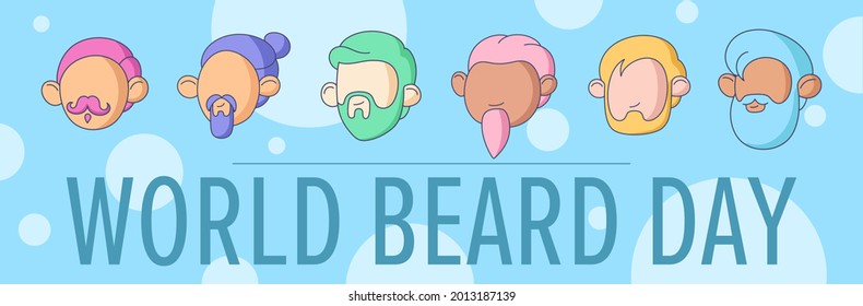 Pancarta vectorial para el día mundial de la barba. Hombres, estilo de dibujos animados, íconos.
