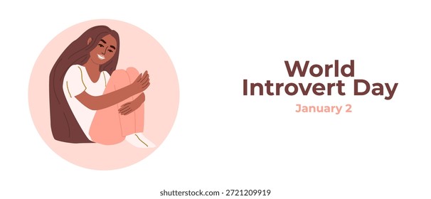 Anuncio de Vector para el Día Mundial del Introvertido, 2 de enero. Ilustración de una mujer de piel oscura en un espacio circular. Concepto de introvertido con enfoque inclusivo.