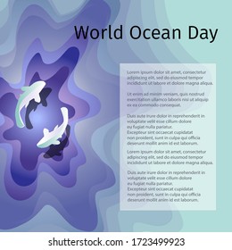 Vector banner for World Ocean Day. Vector illustration with white fish on a blue background for the design of banners, posters, presentations and advertising.