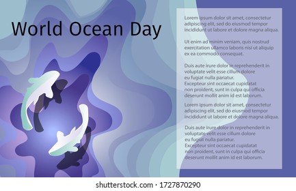 Vector banner for World Ocean Day. Vector illustration on a blue background for the design of posters, presentations and advertising.