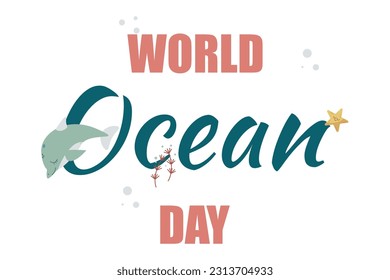 vector banner for the world oceans day with cute dolphin  