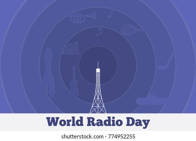 Vector banner World Radio Day, flat layers paper illustration, tower with antenna, wave radio signal, white, blue, feathery, violet