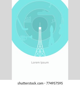 Vector banner World Radio Day, flat layers paper illustration, tower with antenna, wave radio signal, green, birch, white