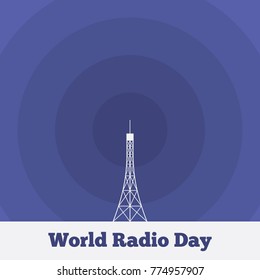 Vector banner World Radio Day, flat layers paper illustration, tower with antenna, wave radio signal, white, blue, feathery, violet