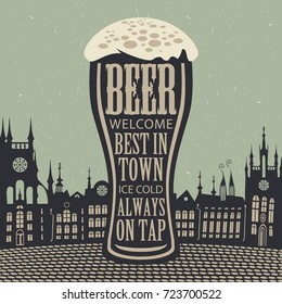 Vector banner with wreath of wheat and overflowing beer glass with lettering on the beer theme on the gray paper background in a retro style.