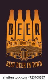 Vector banner with wreath of wheat and overflowing beer glass with lettering on the beer theme on the gray paper background in a retro style.