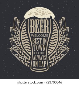 Vector banner with wreath of wheat and overflowing beer glass with lettering on the beer theme on the gray paper background in a retro style.
