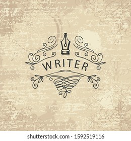 Vector banner with writer logo on abstract background in retro style. Artistic illustration with hand-drawn fountain pen on the backdrop with unreadable handwritten notes, stains and curlicues