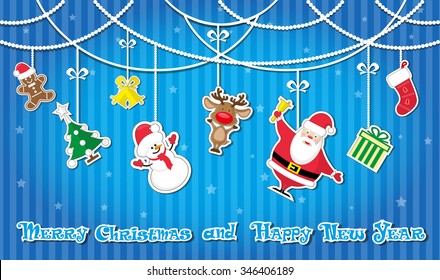 Vector banner Xmas toys: Santa Claus, snowman,  tree, gift sock, box, deer, star, bells, gingerbread man  and hand drawn text Merry Christmas and Happy New Year on striped background