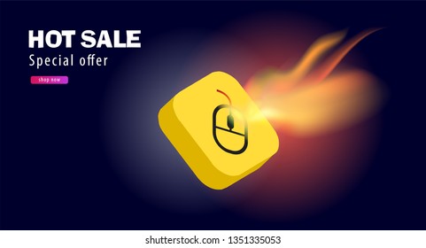 Vector banner with a yellow icon of a computer mouse on fire