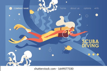 Vector banner with young woman diving with scuba gear. Blue background, jellyfish, fish and bubbles, seaweed. Flat character with aqualung