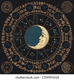 Vector banner with Zodiac signs in retro style with icons, names, constellations, moon and magic runes written in a circle. Artistic illustration with horoscope symbols for astrological predictions