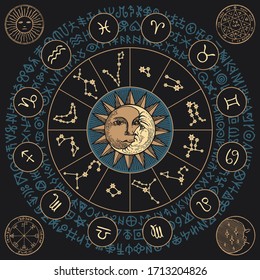 Vector banner with Zodiac signs in retro style with icons, names, constellations, sun, moon and magic runes written in a circle. Astrological illustration with horoscope symbols on a black background