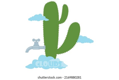 Vector banner.Cute cactus with clouds isolated on white. Mexican symbol.