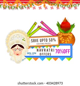 Vector banner,poster or flyer of Navratri celebration,grand discount offers with goddess idol maa durga and dandiya sticks.