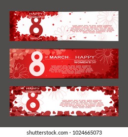 Vector banners of the 8 of March - International Women's Day on the red and white background with heart, leafs and flowers pattern.