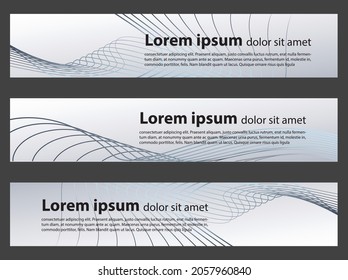Banderas vectoriales con fondo gris geométrico abstracto. Diseño de encabezados o pies de página del sitio web. Conjunto de tres. Plantilla de diseño de pancarta para encabezado de barra.