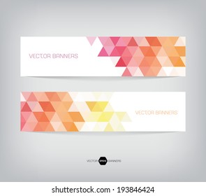 Vector banners with abstract multicolored polygonal mosaic background. Modern geometric triangular pattern. Business design template. Yellow, orange and pink colors