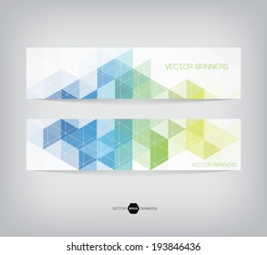 Vector banners with abstract multicolored polygonal mosaic background. Modern geometric triangular pattern. Business design template. Blue, green and yellow colors