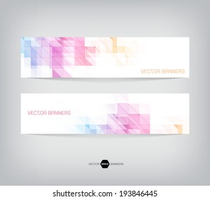 Vector banners with abstract multicolored polygonal mosaic background. Modern geometric triangular pattern. Business design template. Light blue, purple and yellow colors