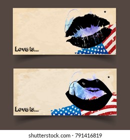 Vector banners with American flag and imprint female lips print. Creative congratulations for Valentine's Day in grunge style. Vector illustration