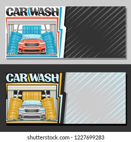 Vector banners for automatic Car Wash with copy space, illustration of red sport car, flowing water, yellow rotating brushing rollers, original typeface for blue words car wash, on abstract background
