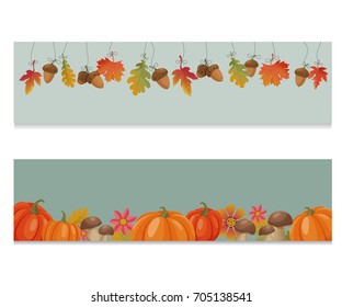 Vector banners with autumn leaves, pumpkins, mushrooms, acorns and flowers for web thanksgiving or seasonal design.  