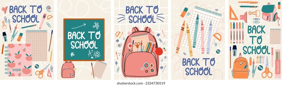 Vector banners "Back to school". Background design of the poster with elements of educational accessories. Hand-drawn flat design for poster, wallpaper, website and cover template. 