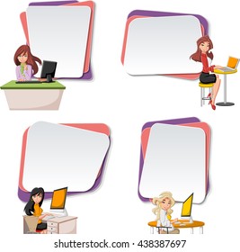 Vector banners / backgrounds with cartoon business women using computer. Design text box frames. 