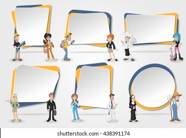 Vector banners / backgrounds with cartoon business people. Design text box frames. Professionals.