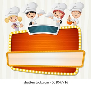 Vector banners backgrounds with cartoon chefs cooking and holding tray with food. Design text billboard. 